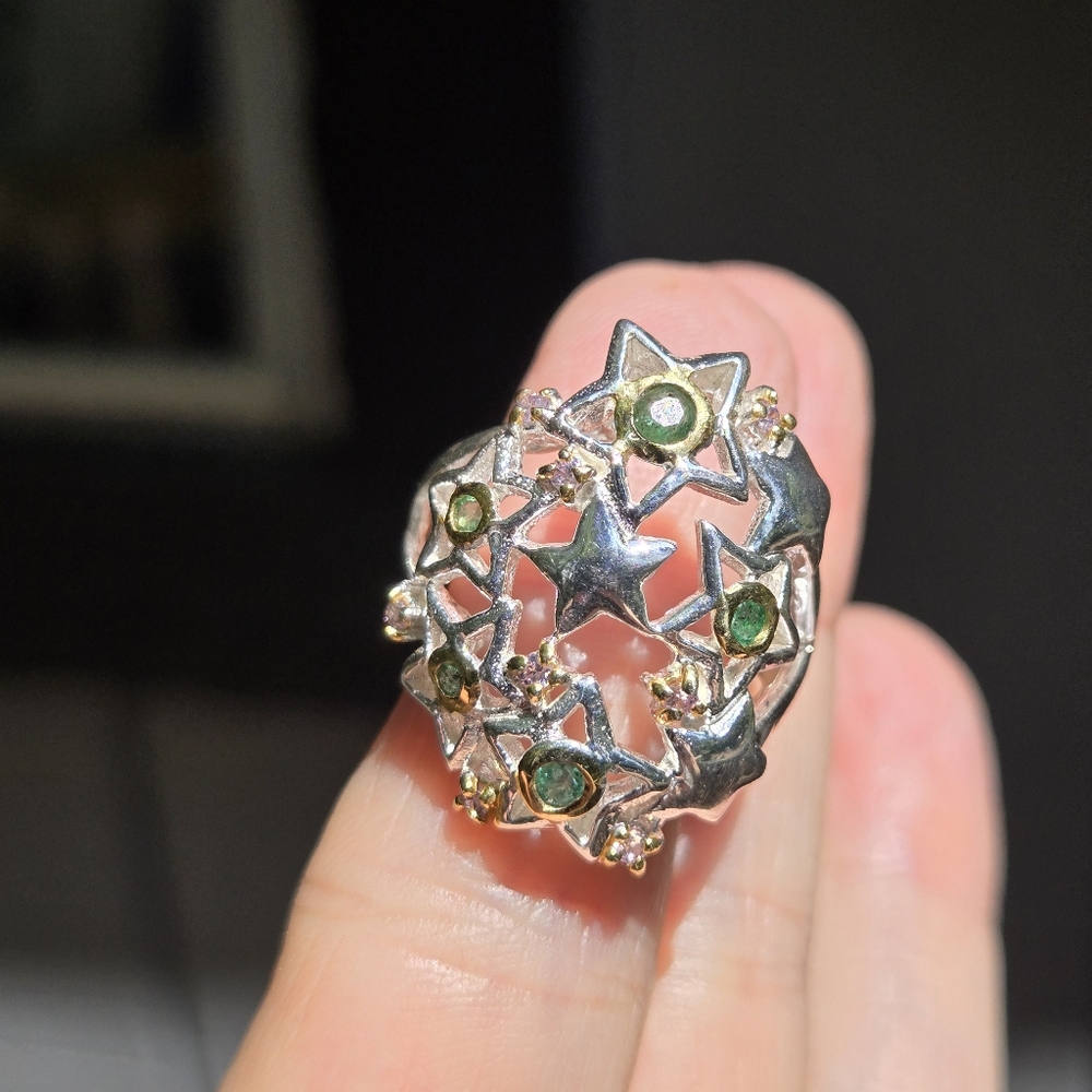 Emerald & Topaz sterling & gold star dome ring sz7.5 - Picture 11 of 12